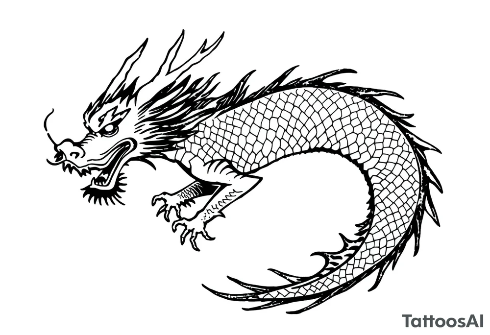 Black ink dragon with flowing body, abstract motion lines, stylised blackwork tattoo, minimalist details, high contrast, traditional Japanese dragon form, vertical layout tattoo idea