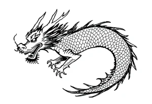 Black ink dragon with flowing body, abstract motion lines, stylised blackwork tattoo, minimalist details, high contrast, traditional Japanese dragon form, vertical layout tattoo idea