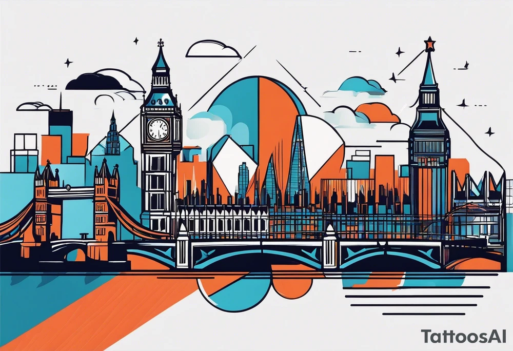 A minimalistic, abstract design capturing the architectural essence and vibe of London. Key elements of London’s skyline and structure are hinted at with clean lines, and subtle detailing includes personal touches, like a nod to Feid’s signature look (hat, glasses, mustache), integrated discreetly to honor a memorable concert experience. tattoo idea