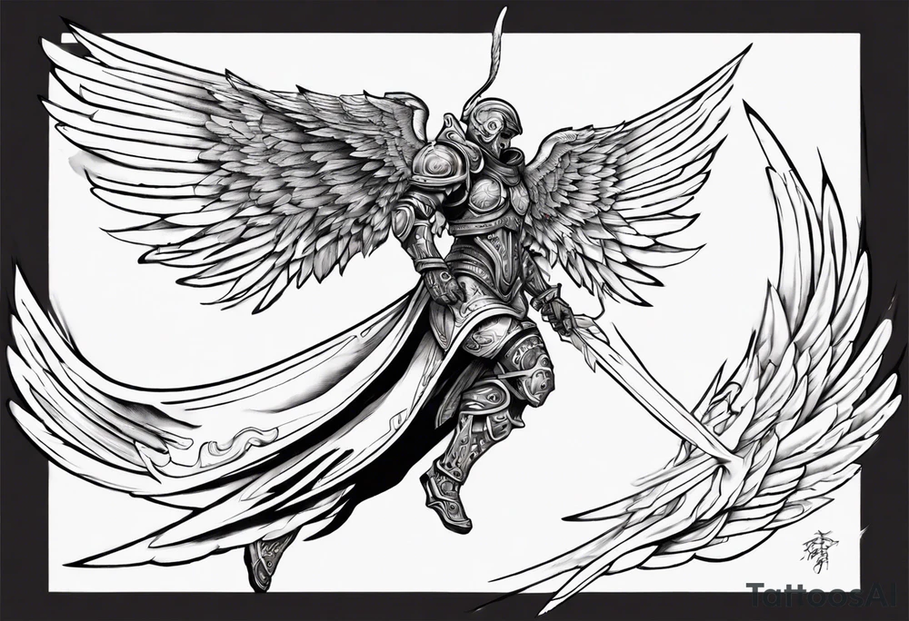 Side view of an angel wearing inorganic armor that is in mid-air ready to attack tattoo idea