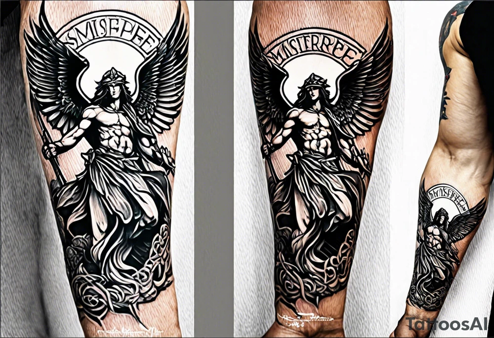 st Micheal tattoo on the outside of the forearm tattoo idea