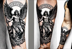 st Micheal tattoo on the outside of the forearm tattoo idea