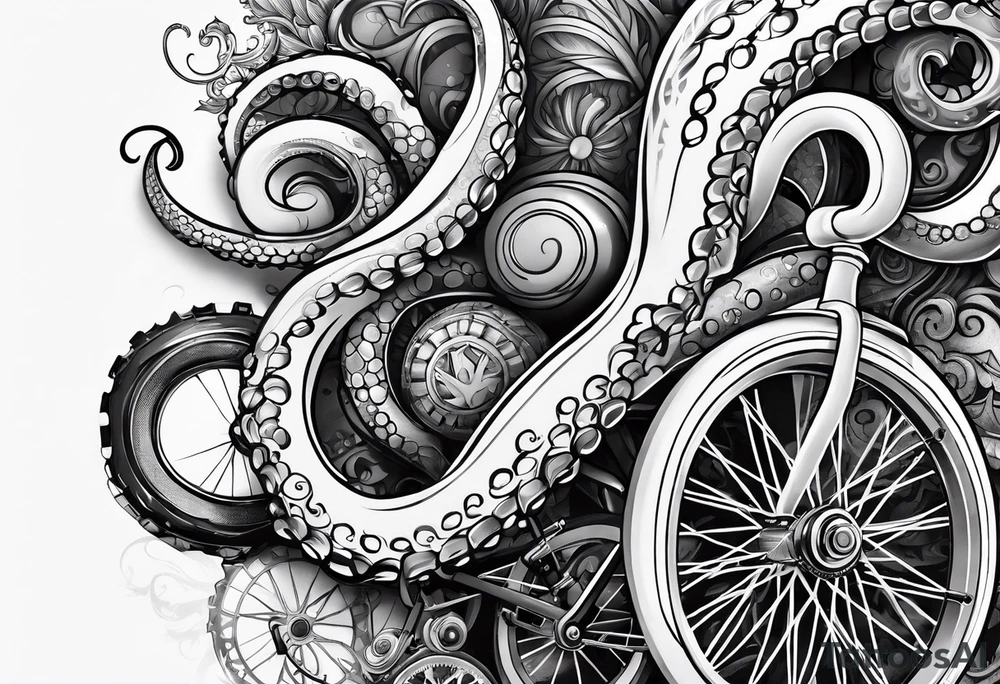 Full arm sleeve , octopus and bicycle parts tattoo idea