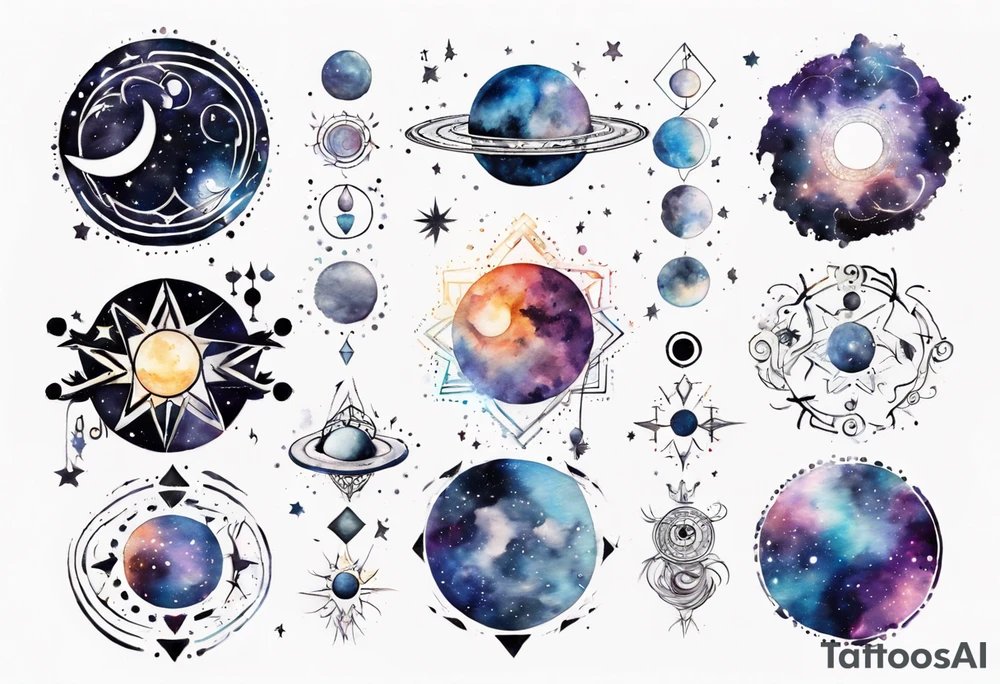 Shoulder to shoulder, moon phase,  across chest, tribal patterns, Cancer symbol, geometric swirls, mesmerizing watercolor splatter, stars, and galaxies, dreamy and otherworldly effect, solar system, astronomy tattoo idea