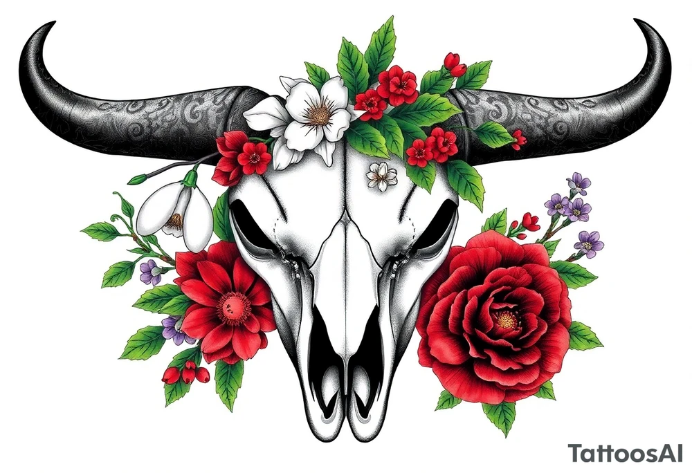 Buffalo or bison skull with flowers. Snow drop and red peony. Green holly with red berries, purple larkspur, red peony.  Colour. For upper arm or shoulder. Masculin. tattoo idea