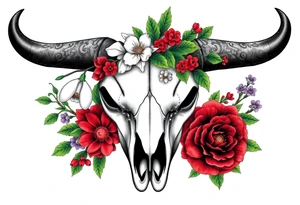Buffalo or bison skull with flowers. Snow drop and red peony. Green holly with red berries, purple larkspur, red peony.  Colour. For upper arm or shoulder. Masculin. tattoo idea