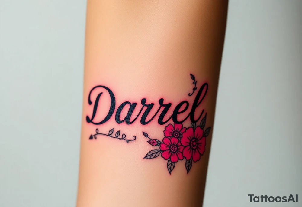 neon colors, 1 inch font, "Darrell" with lots of whimsical background, add lots of flowers tattoo idea