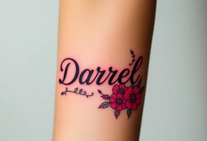 neon colors, 1 inch font, "Darrell" with lots of whimsical background, add lots of flowers tattoo idea