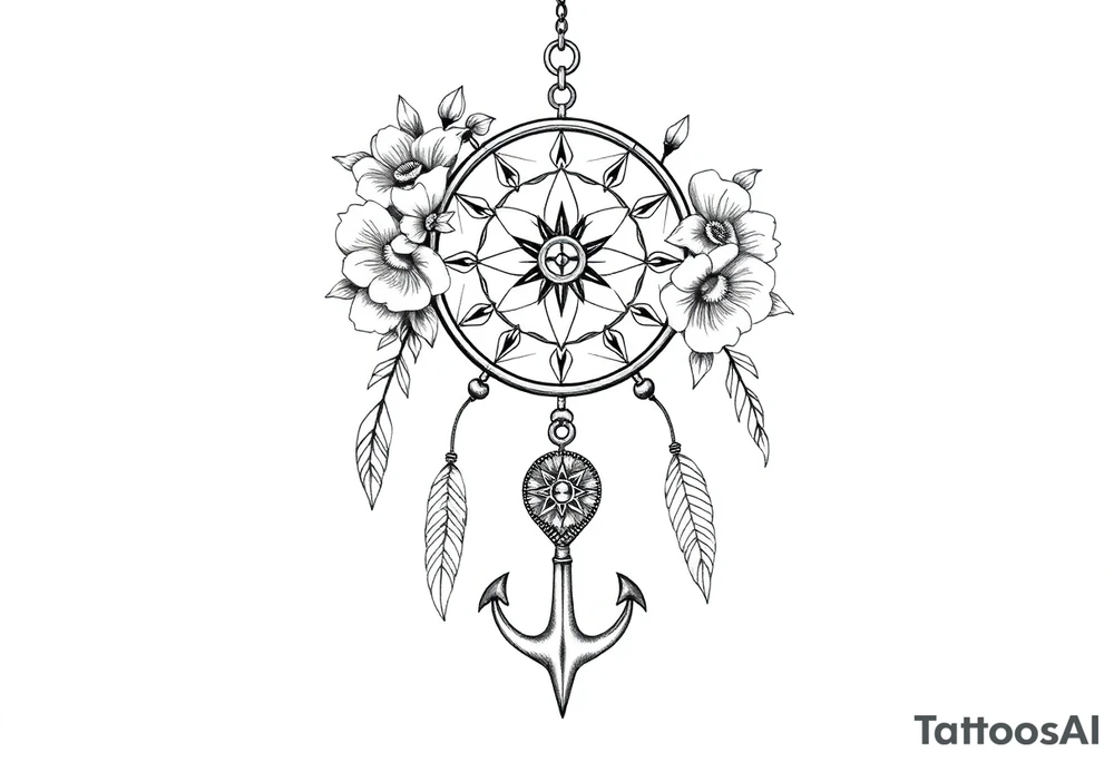 Boho dream catcher with compass and anchor Beautiful flowers and an ornamental chandelier like look tattoo idea