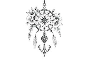 Boho dream catcher with compass and anchor Beautiful flowers and an ornamental chandelier like look tattoo idea