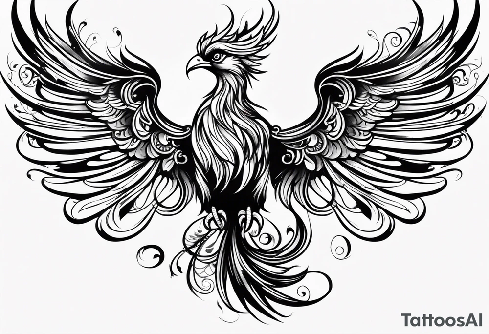 tribal pheonix with long tail curling tattoo idea