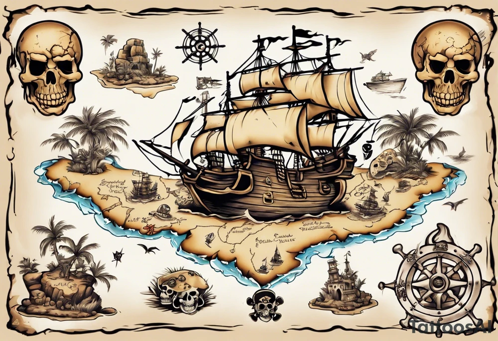 a back tattoo of a pirate treasure map with an island shaped like a big skull with clues to different areas of treasure tattoo idea