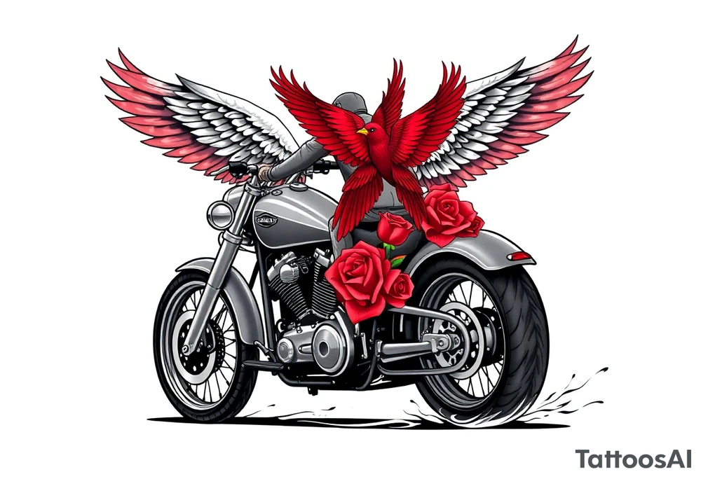 Harley grey motorcycle driving away, two red birds flying, roses, flames, angel wings tattoo idea