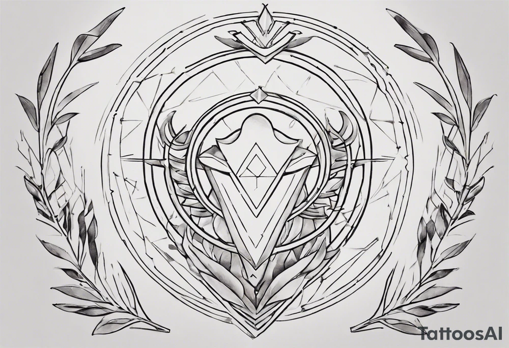 Create a small tattoo with Athena's spear and shield using geometric lines and shapes. Play with symmetry and abstraction to create a visually striking composition. Add vines gracefully intertwining at a central point in the middle of the wreath.
The intended placement is on the upper chest. The overall design should be small in size while maintaining a delicate and artistic aesthetic. Pay attention to the graceful flow of the vines and the placement of the irises to achieve a refined and elegant look. tattoo idea