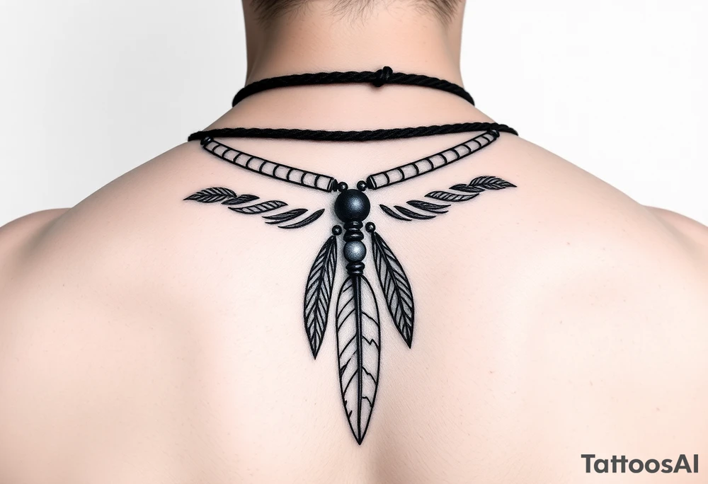 design feminine airy tattoo tribal ethnic ankle bracelet shading feathers leather bead realism tattoo idea