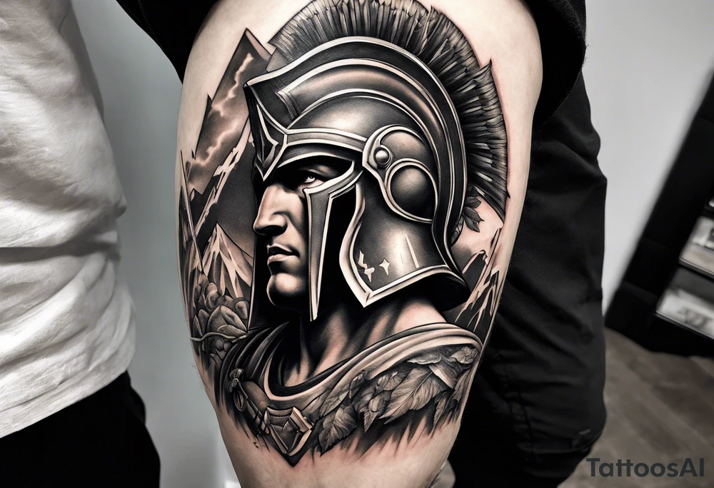 A half-leg sleeve starting on the knee. On the knee is a spartan helmet with an arrow going through it. At the point of the arrow is Mount Olympus being held up by Hercules. Under Hercules is the underworld with the sea of the dead. The space around Mount Olympus is filled with ancient Greek mythology. tattoo idea