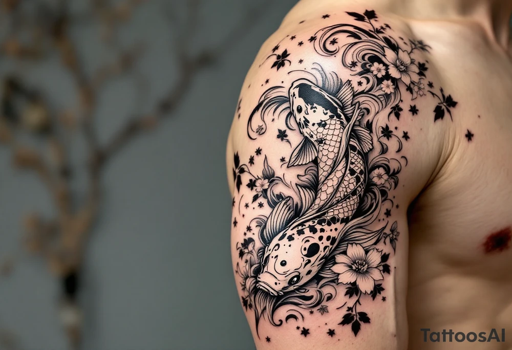 Koi carp swimming upstream through swirling water and cherry blossom petals tattoo idea