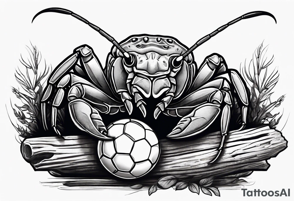 Murray crayfish holding a soccer ball with oversized claws on a log tattoo idea