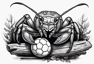 Murray crayfish holding a soccer ball with oversized claws on a log tattoo idea