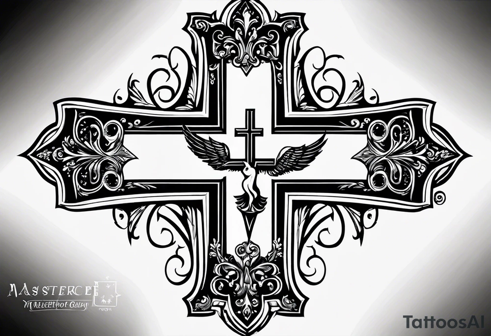 A cross under that is a scroll with my family’s names on it and put some stars around it tattoo idea