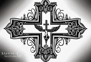 A cross under that is a scroll with my family’s names on it and put some stars around it tattoo idea