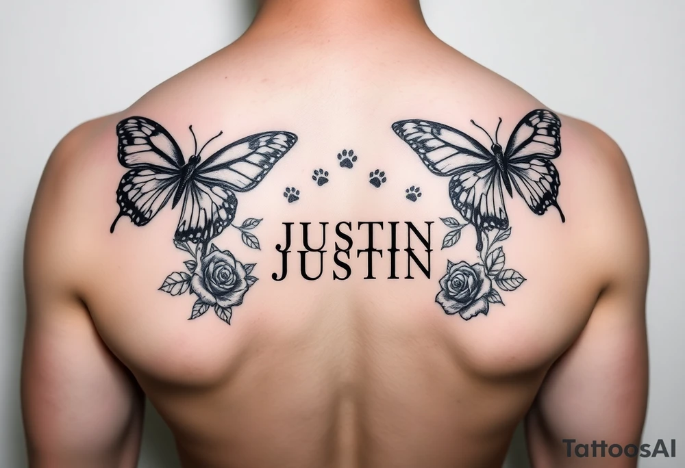 Butterflies with roses and 🐾 paw prints and the name JUSTIN tattoo idea