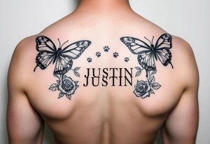 Butterflies with roses and 🐾 paw prints and the name JUSTIN tattoo idea