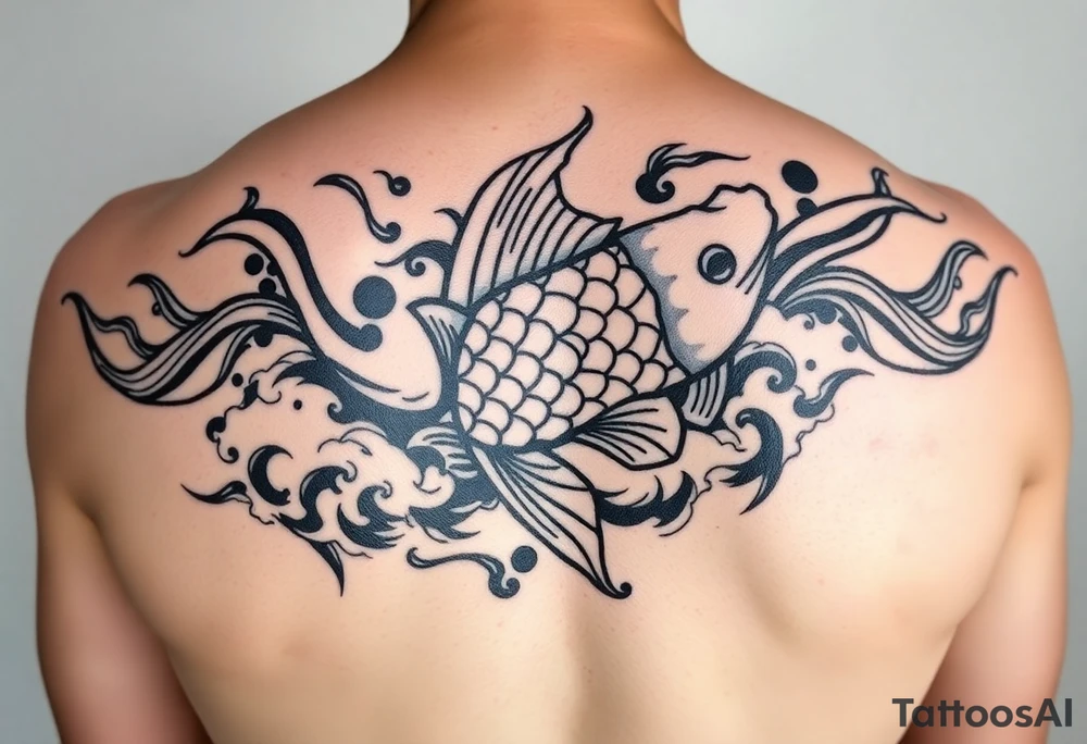 traditional koi fish swimming upstream through turbulent waves tattoo idea