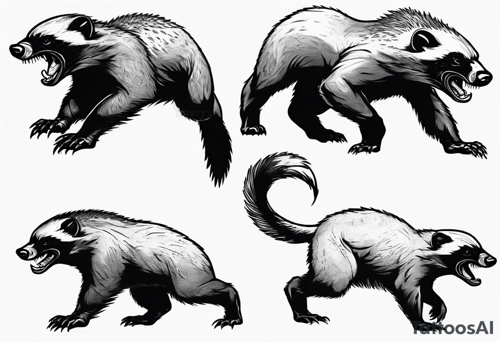Angry, snarling, detailed honey badger with its snout forward and legs outstretched at its sides tattoo idea