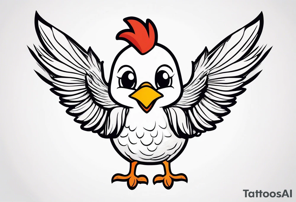 cute 2-d chicken, in a small crown, with a small beak and wings, drawn with a very thin line tattoo idea