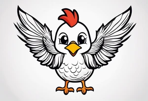 cute 2-d chicken, in a small crown, with a small beak and wings, drawn with a very thin line tattoo idea