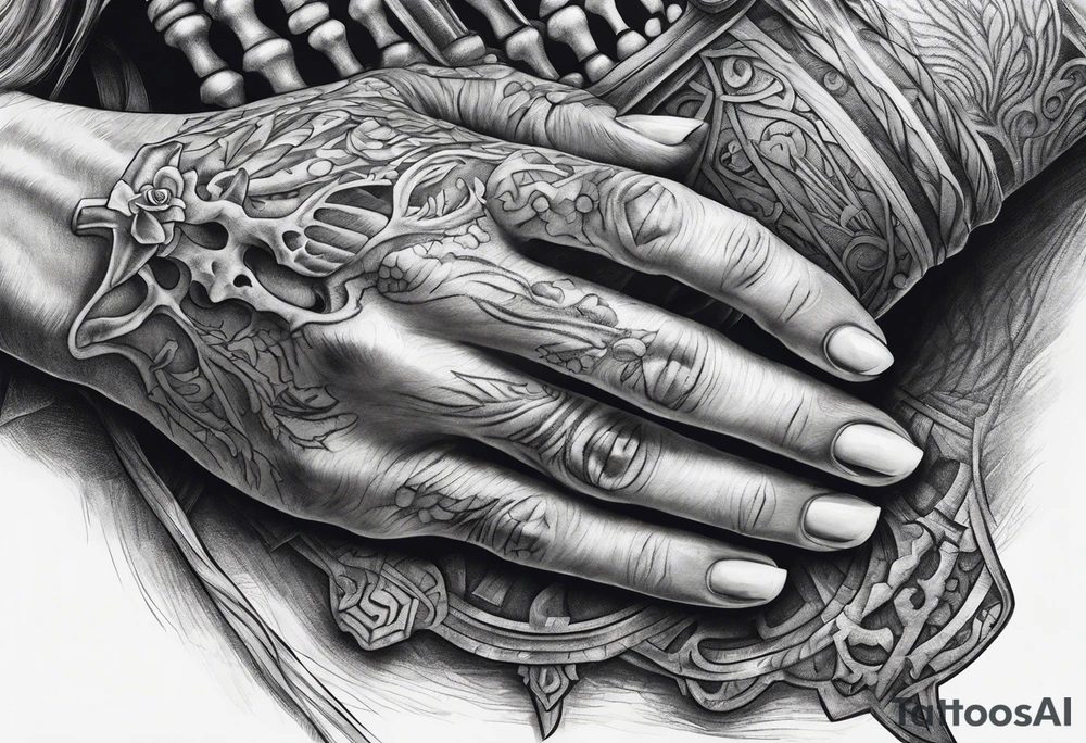 Hand of nurse reaching for skeleton hand. tattoo idea