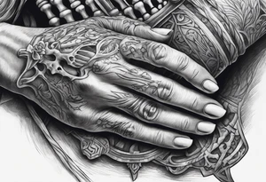Hand of nurse reaching for skeleton hand. tattoo idea