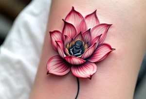 A pink lotus flower with a tiny black infant figure in the center honors a mother’s spiritual and emotional support. tattoo idea