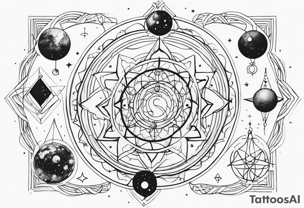 universe full of atoms and spiritual symbols tattoo idea