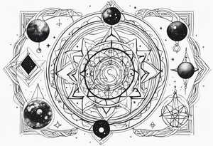 universe full of atoms and spiritual symbols tattoo idea
