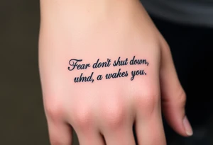 "Fear doesn’t shut you down, it wakes you up" engraved in an elegant script, surrounded by subtle abstract smoke tattoo idea