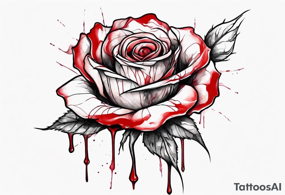 rose flower, one line, red blood dripping from the flower, tall, watercolor tattoo idea