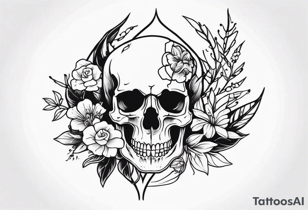 Skull tattoo with a large scorpion and flowers tattoo idea
