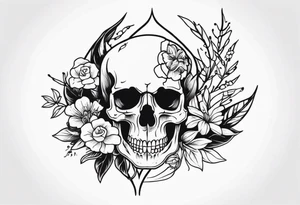 Skull tattoo with a large scorpion and flowers tattoo idea