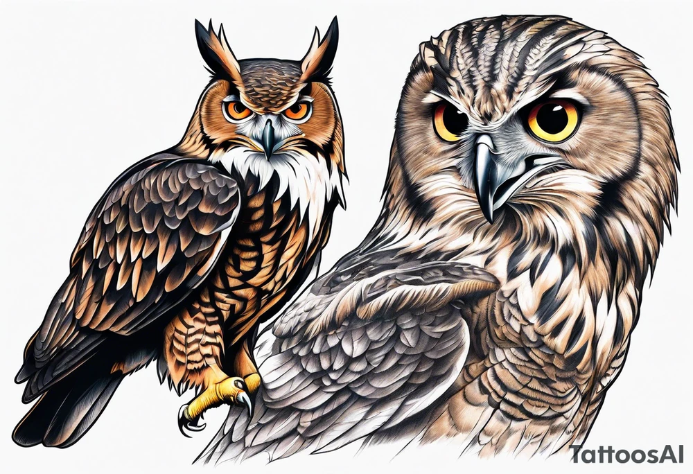 crow fighting eagle fighting owl tattoo idea
