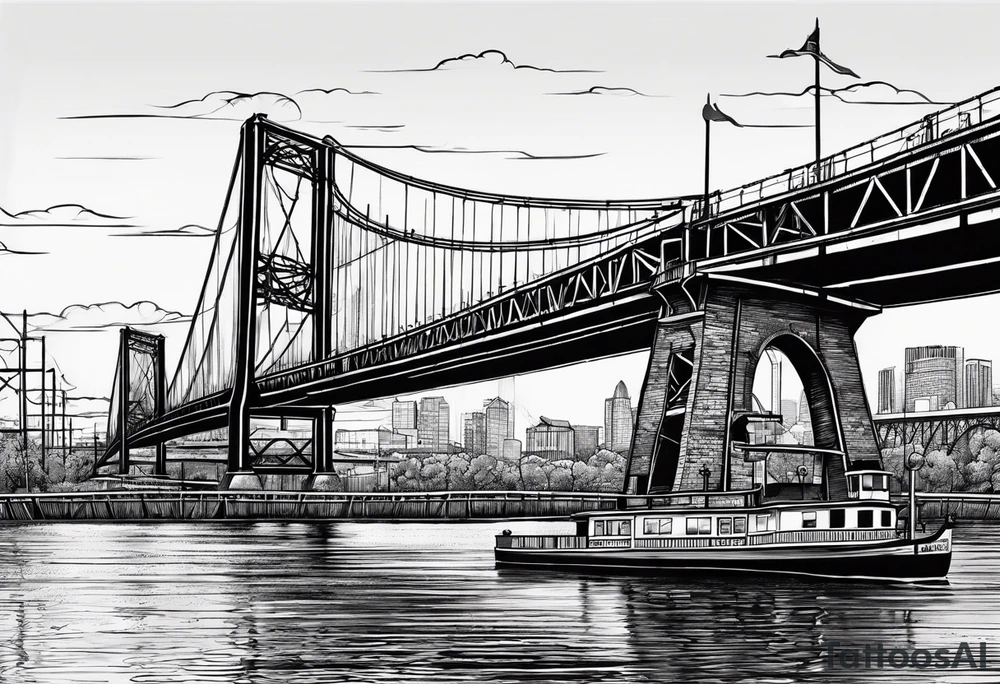 simple line art, view from under steel truss cantilever bridge tattoo idea