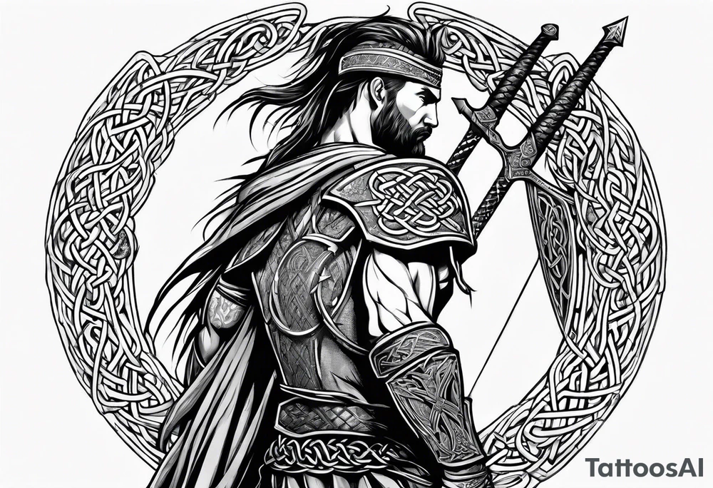Full body side profile of a celtic warrior with weapons tattoo idea
