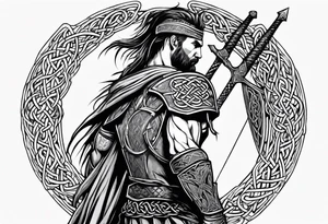 Full body side profile of a celtic warrior with weapons tattoo idea