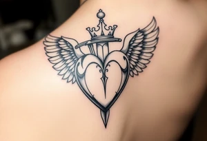 Sensual femeninepowerful 3d heart with the sword hilt on top an a crown on a top side, sith two angel gothic wings spread, but a but apart from the heart. It will be located on the coxis tattoo idea