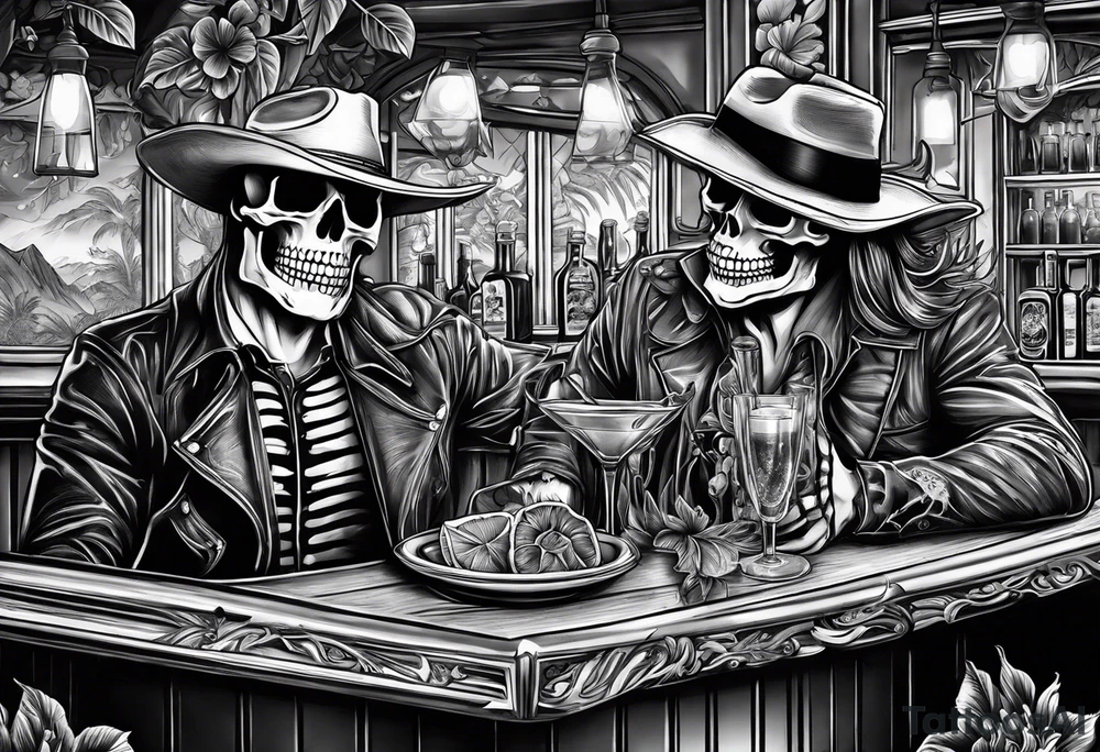 a bar scene with a skeleton couple with hibiscus flowers. western style tattoo idea