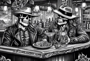 a bar scene with a skeleton couple with hibiscus flowers. western style tattoo idea