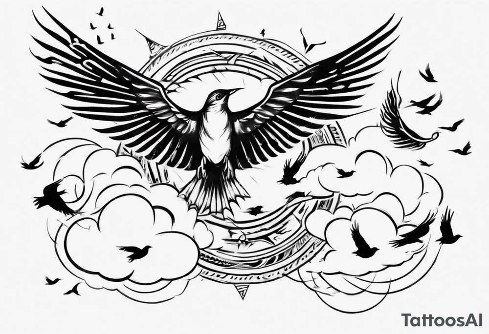 a shoulder tattoo with rays of light, clouds and birds flying free tattoo idea