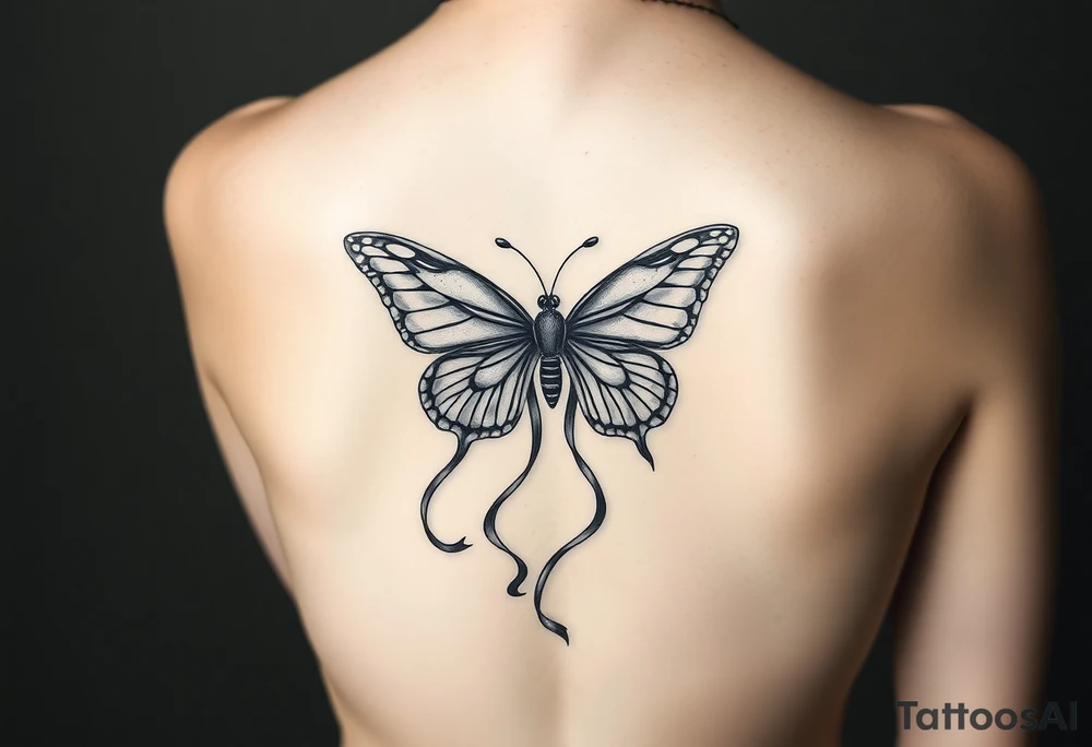 ethereal butterfly with flowing silk ribbons in moonlight tattoo idea