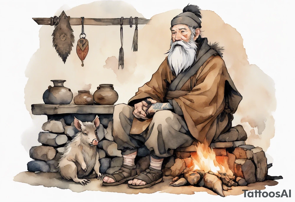 a 55-year-old large Norseman with a grey beard wearing a brown and black tunic sitting by a hearth with his pet boar tattoo idea